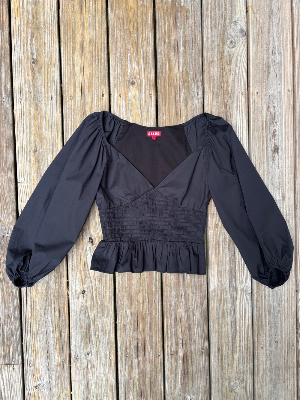 STAUD | Black Matilde Dark Romantic French Girl Chic Smocked Peplum Top | Size S